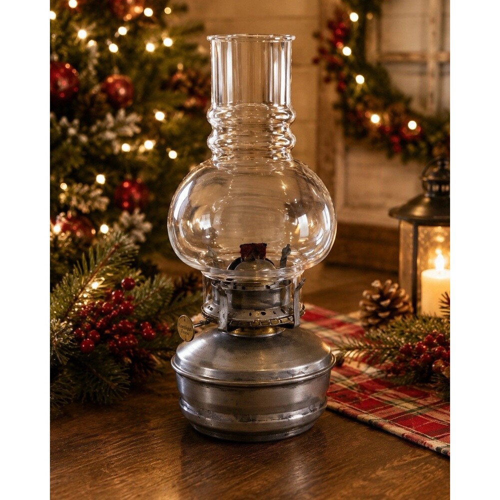 Vintage Lamplight Farms Oil Lamp Pewter Metal Glass Hurricane Chimney Wick